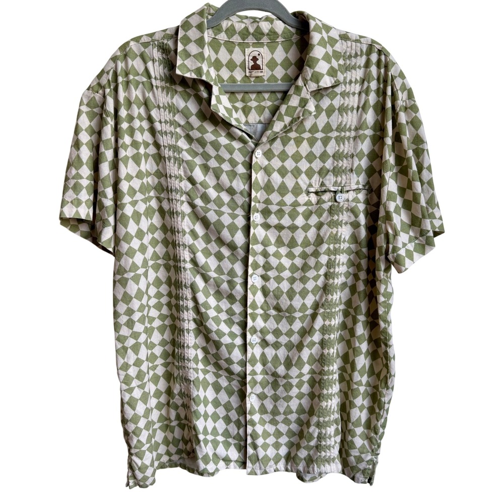 Dandy Del Mar Linen Short Sleeve Button Down Men's L Green White Diamond Check
